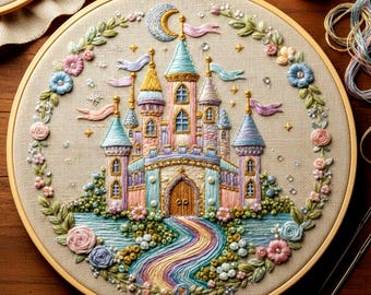 Princess Castle Embroidery Pattern: Floral Fairytale, Girls Room Decor