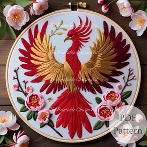 Phoenix Hand Embroidery Pattern: Mythical Bird Design (PDF Pattern, 6 Sizes Included)