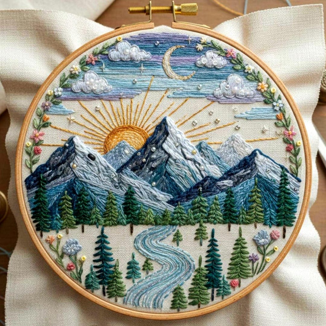 Mountain Landscape Embroidery Pattern | Modern Nature Hoop Art PDF ...
