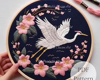 日本の鶴の刺繍パターン：DIY針仕事、ニードルアート（PDFパターン