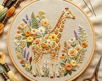 Floral Giraffe Hand Embroidery Pattern, Wildlife Stitching Design, DIY Safari Hoop, Botanical Animal PDF