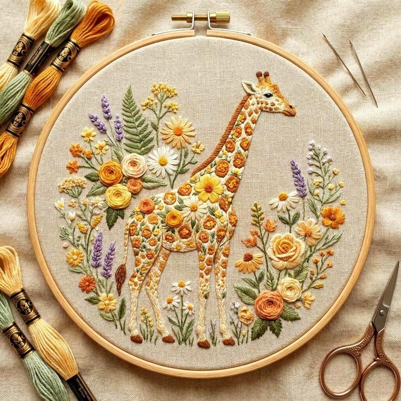 Floral Giraffe Hand Embroidery Pattern, Wildlife Stitching Design, DIY ...
