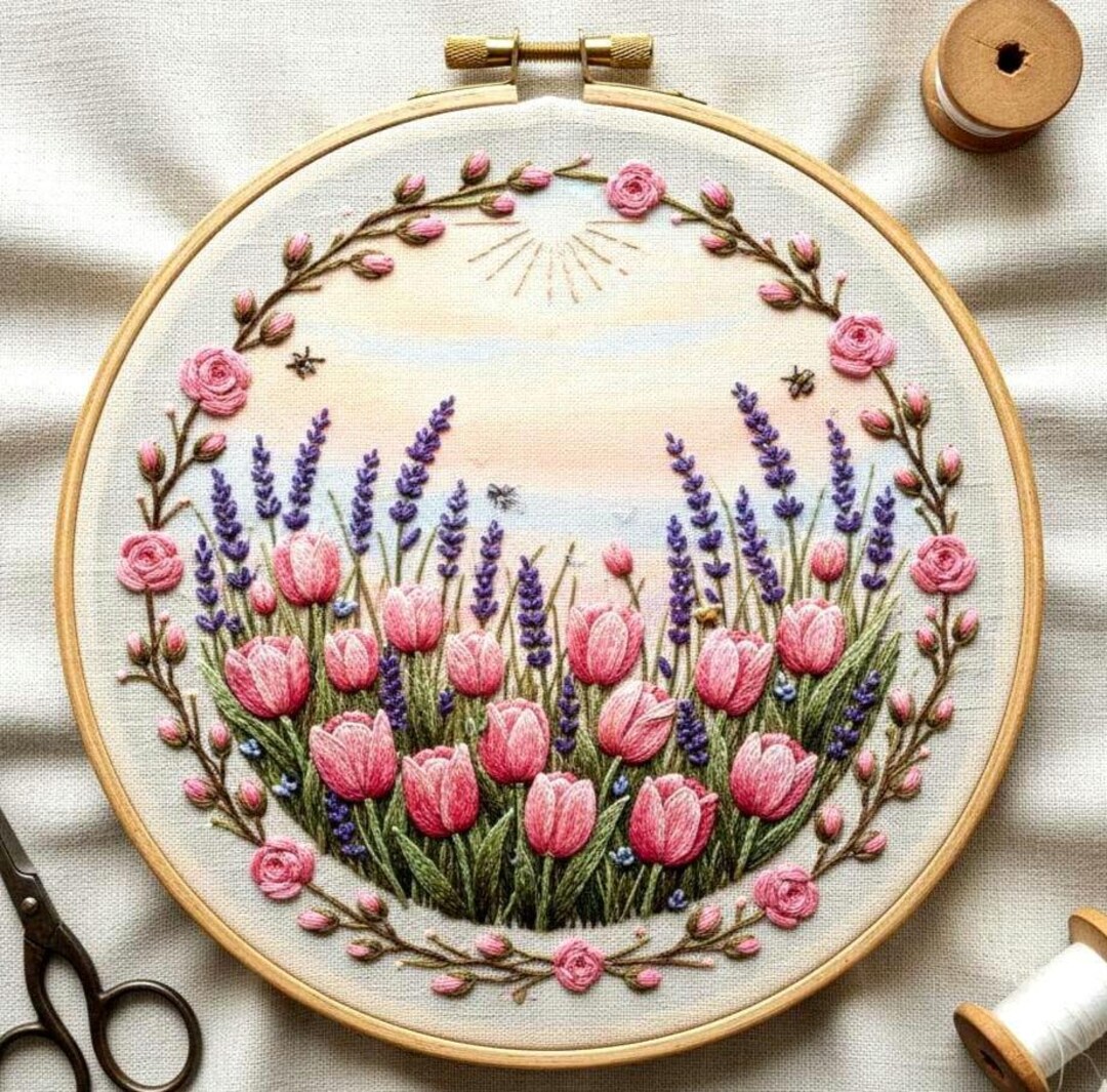 Tulip and Purple Lavender Hand Embroidery Pattern, Wildflower Meadow ...