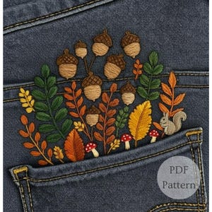 Mushroom Pocket Embroidery Pattern: Botanical Jeans Design (PDF Download)