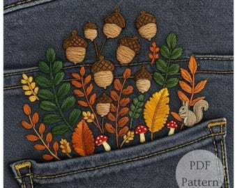 Mushroom Pocket Embroidery Pattern: Botanical Jeans Design (PDF Download)