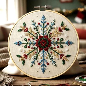 Puede incluir: Diseño de copo de nieve bordado en un bastidor de madera. El copo de nieve presenta hilos rojos, verdes, azules y dorados sobre una tela color crema. El diseño es detallado y centrado, ideal para la decoración navideña.