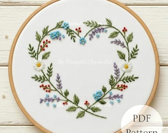 Dainty Heart Wreath Hand Embroidery Pattern, Beginner Friendly (PDF)