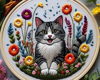 Tabby Cat Embroidery Pattern, Floral Heart Wreath (PDF Pattern)