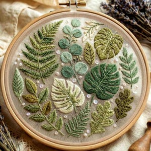 Botanical Leaves Hand Embroidery Pattern, Modern Greenery Hoop Art, Beginner Friendly PDF
