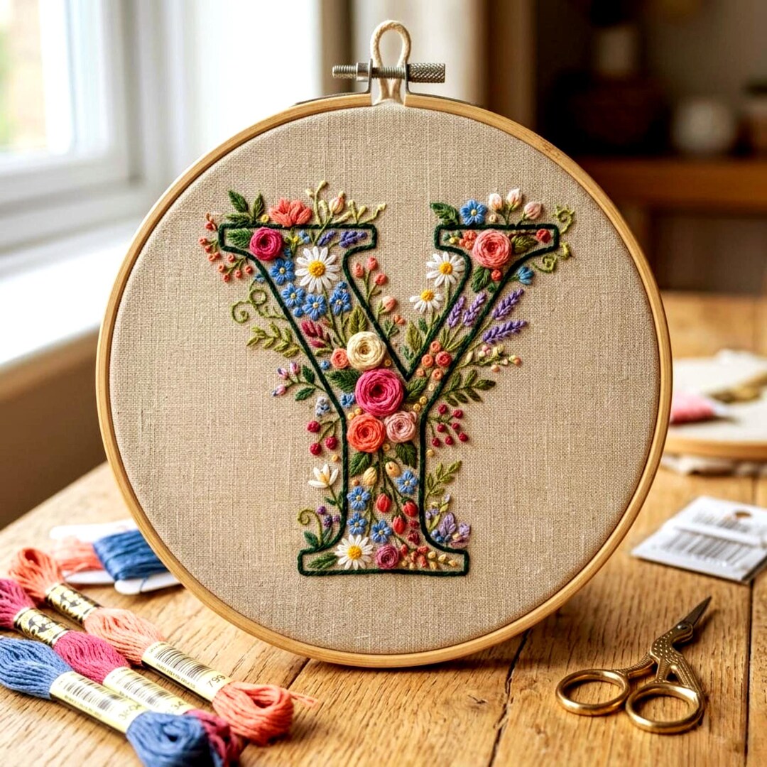 Floral Letter Y Embroidery Pattern PDF, Botanical Monogram Design ...