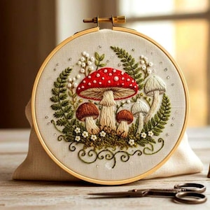 Motif de broderie champignon : créations artisanales Woodland Cottagecore (Modèle PDF)