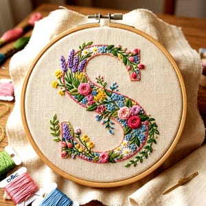 Può includere: Ricamo floreale della lettera "S" in un telaio di legno. La lettera è riempita di fiori colorati, tra cui rose rosa, nontiscordardimé blu e margherite gialle, circondati da foglie verdi. Lo sfondo è un tessuto beige.