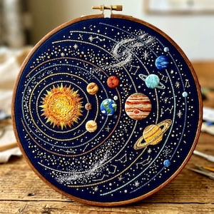 以下が含まれることがあります： 木製の円形刺繍枠に、手刺繍で太陽系が施された濃紺の布パネル。明るい黄色の太陽、様々な質感の惑星、軌道、星座、そして白い星の集まりがデザインされています。