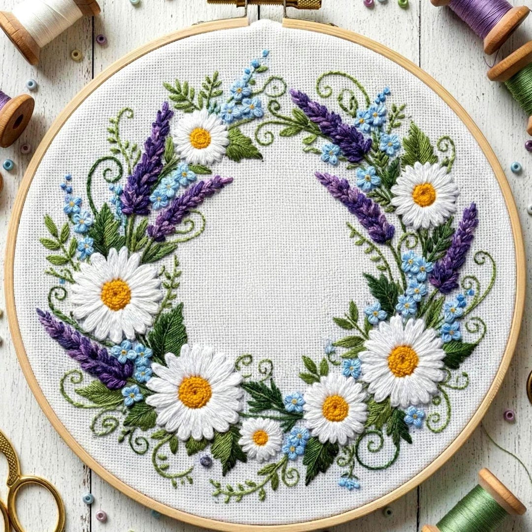 Daisy and Lavender Embroidery Pattern, Floral Wreath Hoop Art PDF - Etsy