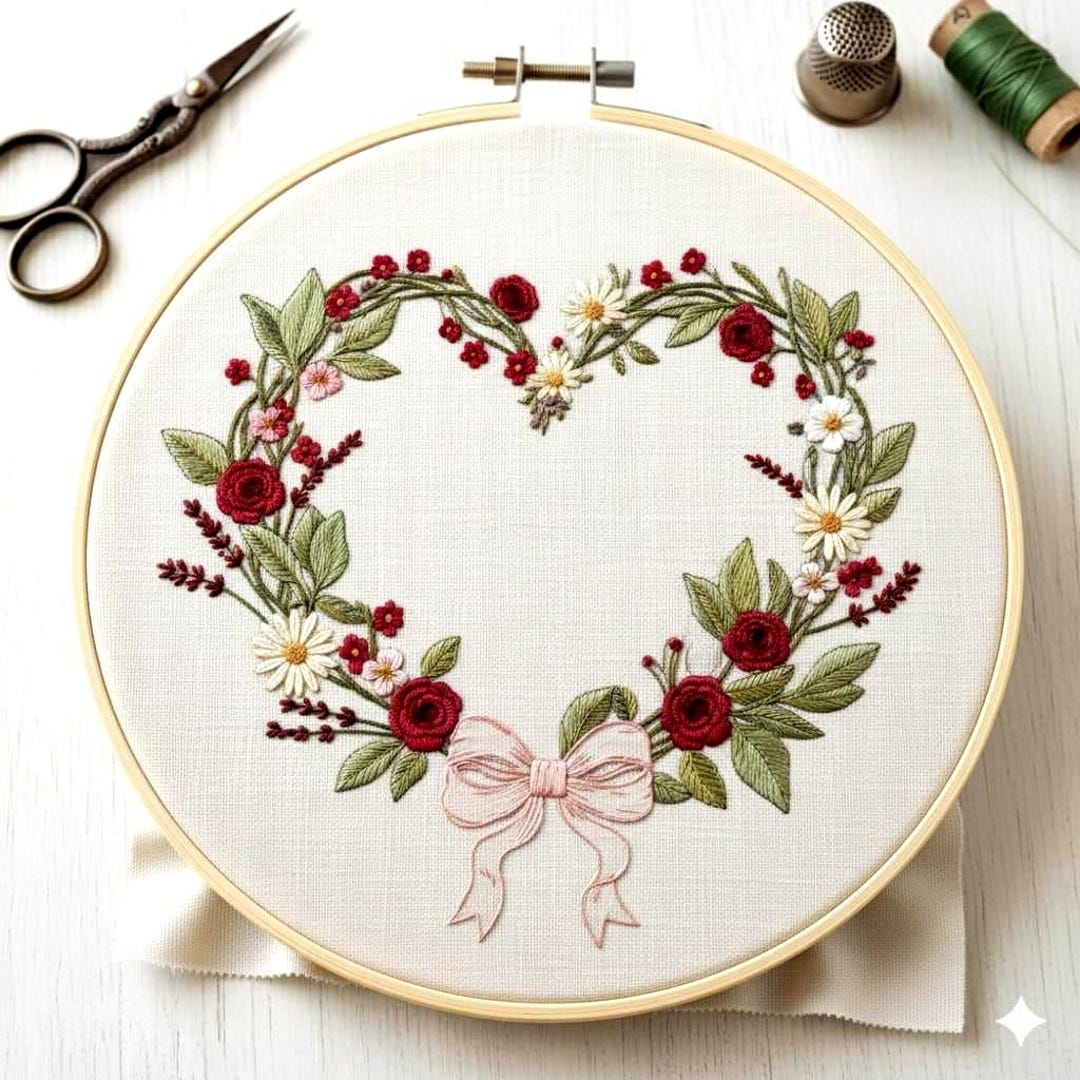 Floral Heart Wreath Hand Embroidery Pattern, Beginner Friendly (PDF) - Etsy