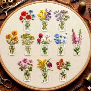 Wildflower Mason Jar Embroidery Pattern | Beginner Hand Stitch Design (Digital Download