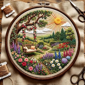 May include: A circular embroidery hoop containing a landscape scene of a garden with a wooden swing hanging from a tree, a bright yellow sun, white clouds, and colorful flowers including roses, lavender, and daisies, with thread spools and scissors.