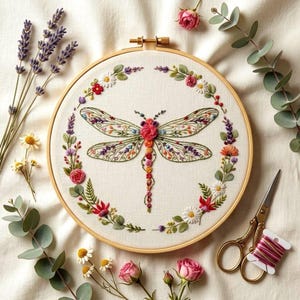 Floral Dragonfly Embroidery Design - Nature Pattern (PDF Pattern)