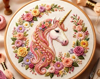 Pink Unicorn Embroidery Pattern, Floral Wreath, DIY Decor (PDF Pattern)