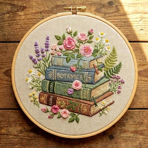 Floral Books Stack Hand Embroidery Hoop Pattern. Botanical Book Lover Gift (file instant PDF)