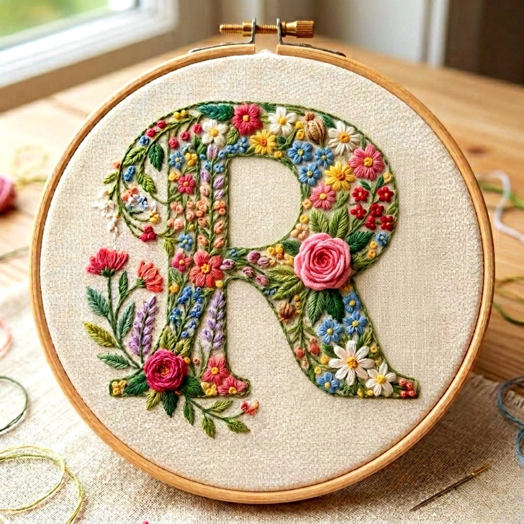 Floral Letter R Embroidery Pattern, Wildflower Monogram PDF, Beginner ...