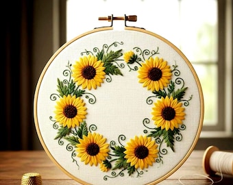 Sunflower Wreath Embroidery Pattern, Beginner Friendly (PDF template)