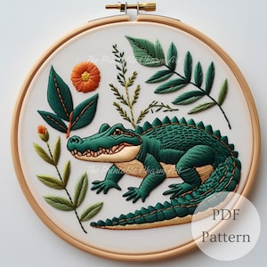 ワニの手刺繍パターン、クロコダイルの刺繍パターン、爬虫類の
