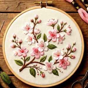Wzór haftu z kwiatem wiśni: Kwiatowa sakura DIY (PDF)