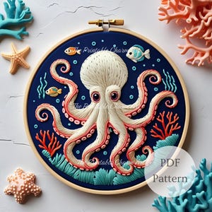 Octopus Hand Embroidery Pattern: Ocean Wildlife Decor (PDF Download, 6 Sizes)