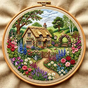 May include: A detailed embroidery of a cottage scene. The cottage has a thatched roof and is surrounded by a vibrant garden with colorful flowers. The embroidery is set in a wooden hoop, creating a framed artwork.