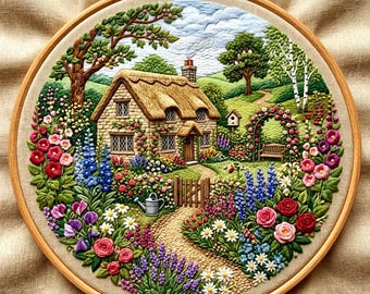 May include: A detailed embroidery of a cottage scene. The cottage has a thatched roof and is surrounded by a vibrant garden with colorful flowers. The embroidery is set in a wooden hoop, creating a framed artwork.