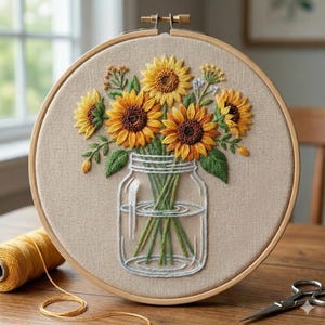 Borduurpatroon zonnebloemvaas: bloemen DIY-sjabloon, hoepelkunst (pdf-patroon)