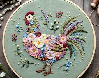Floral Rooster Embroidery Pattern, Chicken Pattern, Farm Animal Design, Beginner Friendly Pdf