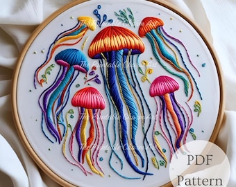 Jellyfish Hand Embroidery Pattern: Ocean Wildlife Design (PDF Download, 6 Sizes)