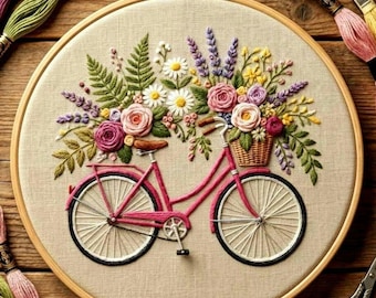 Floral Bicycle Embroidery Pattern: Spring Bike Design, hoop art (PDF Download, 6 Sizes)