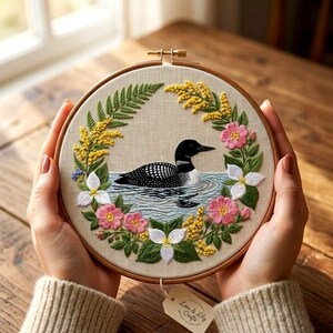 Canadian Loon Embroidery Pattern, Bird Floral Wreath (PDF)