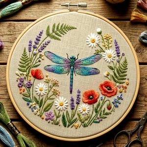 May include: Embroidered dragonfly art in a wooden hoop. The dragonfly has blue, purple, and green wings. The embroidery features red poppies, white daisies, purple lavender, and green ferns. The background is a beige fabric.