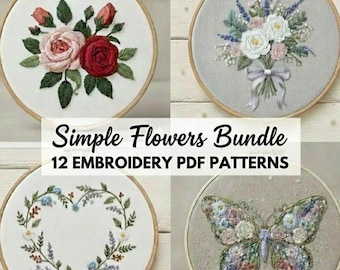 Floral Embroidery Pattern Bundle, Beginner Hand Stitch (Digital Download)