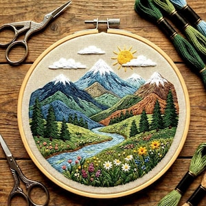 Borduurpatroon bergrivier – landschapshandborduurwerk pdf, natuur hoepelkunstontwerp