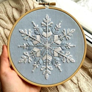 以下が含まれることがあります： 木製のフレームに刺繍された雪の結晶。 白、水色、ミディアムブルーの糸を淡いブルーの生地に使用したデザインです。 刺繍は小さな白いビーズのアクセントで詳細に施され、冬をテーマにしています。