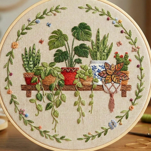 Motif de broderie d'étagère de plante d'intérieur : aménagement de jardin d'intérieur (PDF)