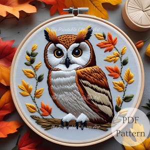 Autumn Owl Embroidery Pattern: Fall Leaves Design (PDF Downloadable Stitch Guide)