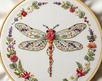 Floral Dragonfly Embroidery Design - Nature Pattern (PDF Pattern)