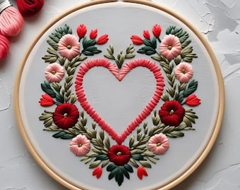 青い花のハート型リースの手刺繍パターン、ハートの刺繍、青い花の