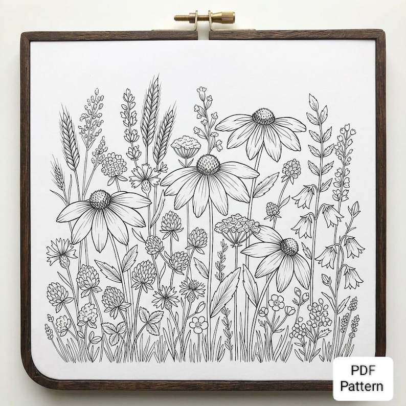Wildflower Meadow Embroidery Pattern (PDF) – Botanical Floral Hoop ...