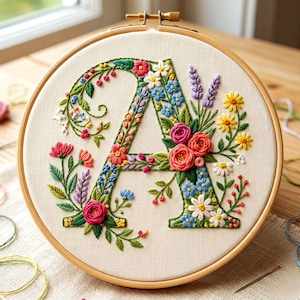 Pode incluir: Letra "A" bordada em um bastidor de madeira. A letra é preenchida com flores coloridas, incluindo rosas cor-de-rosa, miosótis azuis e margaridas amarelas, com folhas e vinhas verdes. O fundo é um tecido creme.