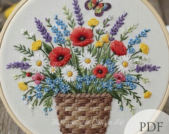 フラワーバスケットの手刺繍パターン、花のバスケット、花かご、野の花