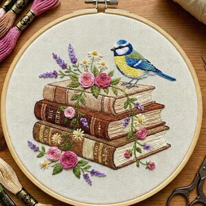 Floral Book Stack Embroidery Design, Bird Floral Hoop Art (PDF Pattern)