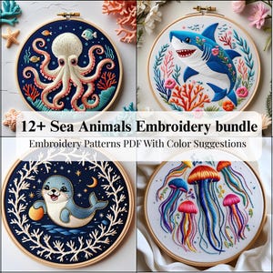 Sea Animals Embroidery Pattern Bundle: Beginner DIY Hoop Art (PDF Pattern)