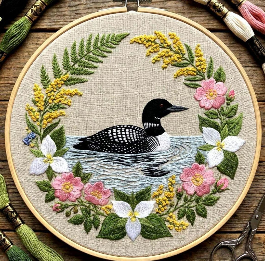 Canadian Loon Embroidery Pattern, Bird Floral Wreath (PDF) - Etsy